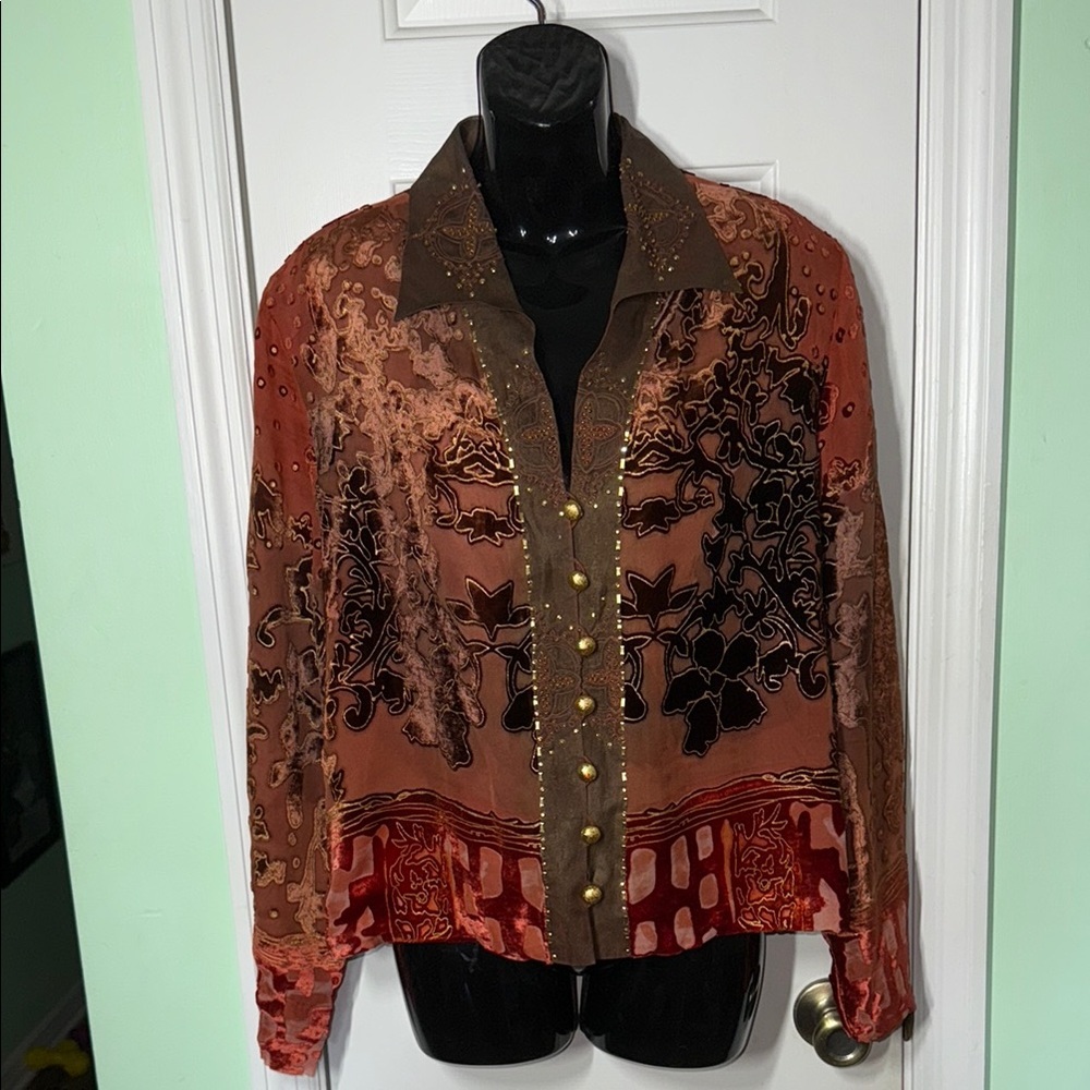 Ruby Cho Burnt Orange Vintage 70s/80s Silk Embellished Jacket Funky Fun Size XL